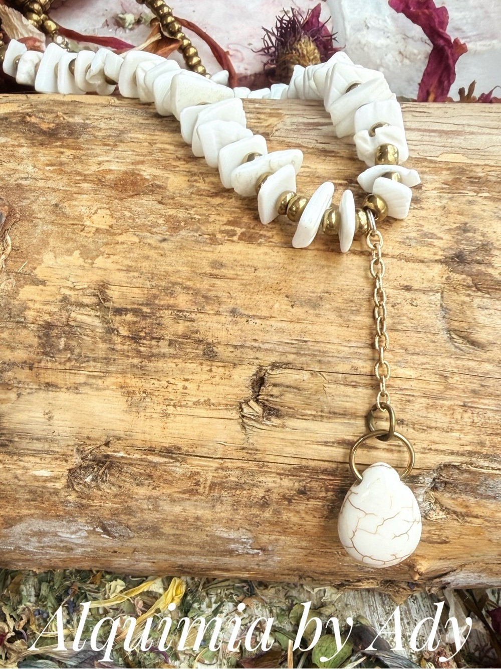 Fall essentials White Howlite Chip Necklace with Brass Drop Pendant